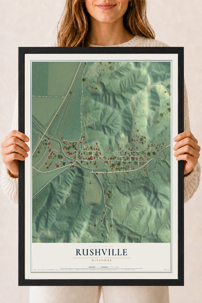 Map of Rushville, Missouri, 18 x 24 inch print in a black wood frame