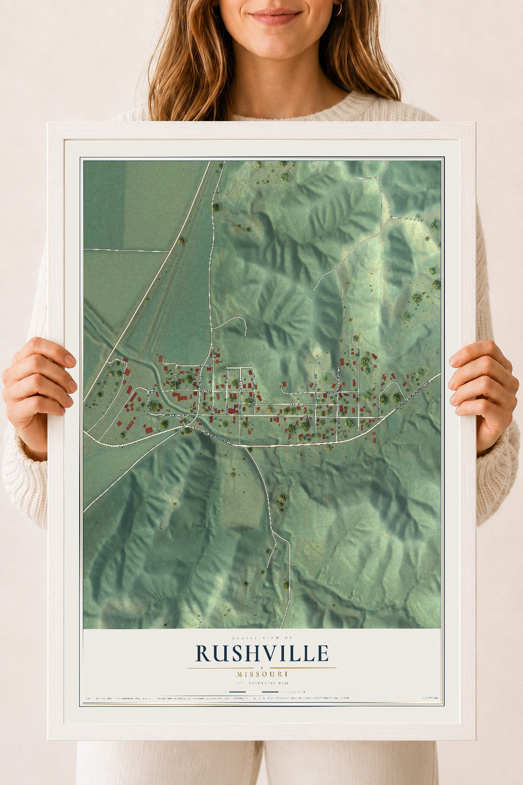 Map of Rushville, Missouri, 18 x 24 inch print in a white wood frame