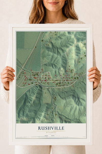 Map of Rushville, Missouri, 18 x 24 inch print in a white wood frame
