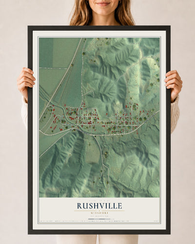 Map of Rushville, Missouri, 24 x 36 inch print in a black wood frame