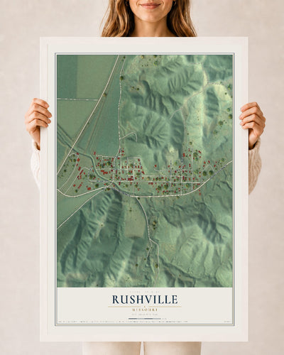 Map of Rushville, Missouri, 24 x 36 inch print in a white wood frame