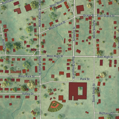 Close-up of the map of Russellville, Missouri print showing street and building detail