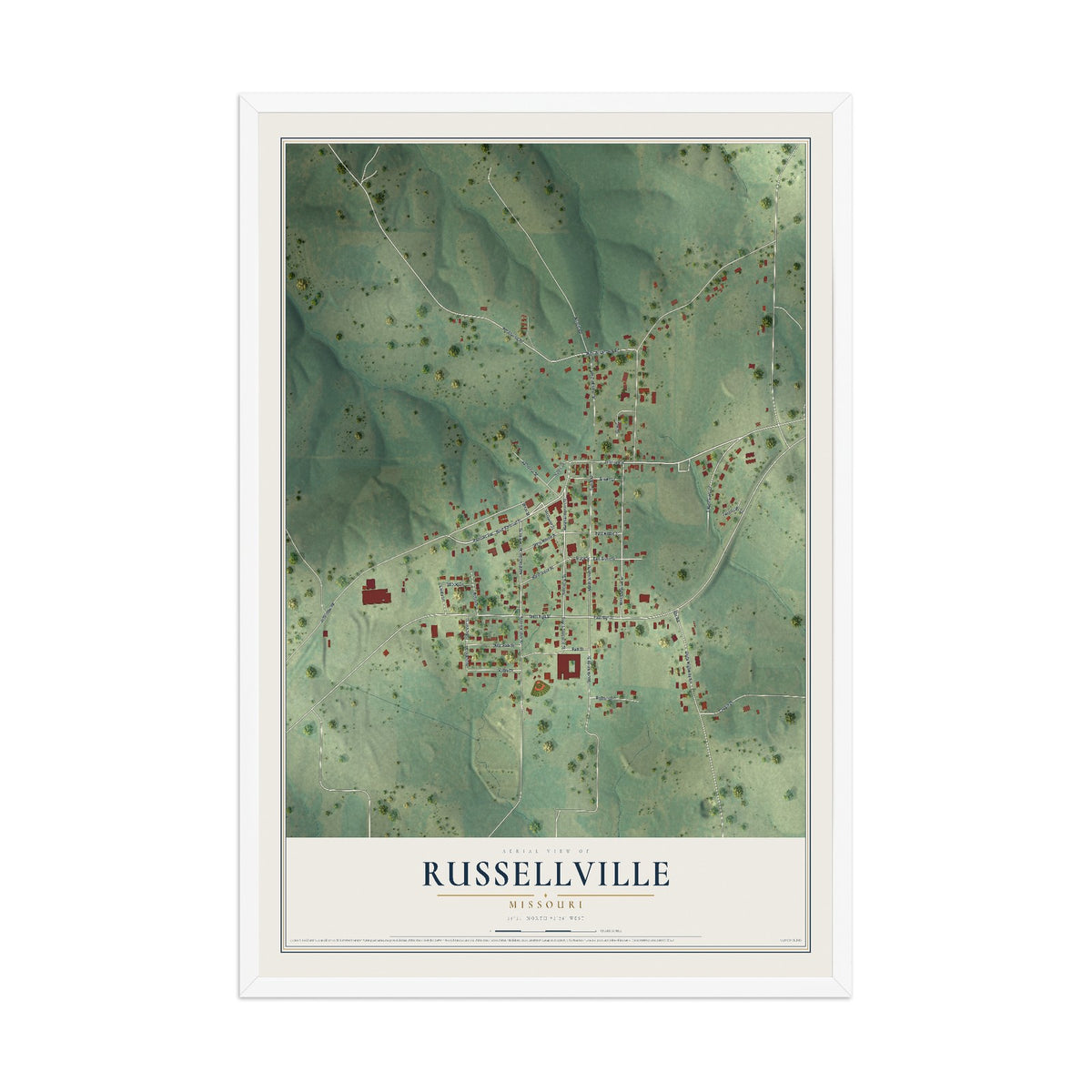 Map of Russellville, Missouri, 12 x 18 inch print in a white wood frame