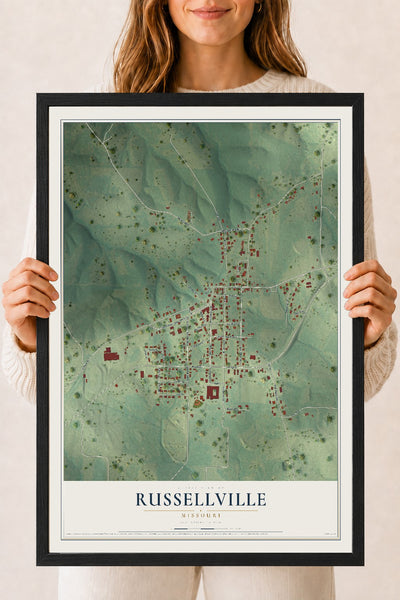 Map of Russellville, Missouri, 18 x 24 inch print in a black wood frame