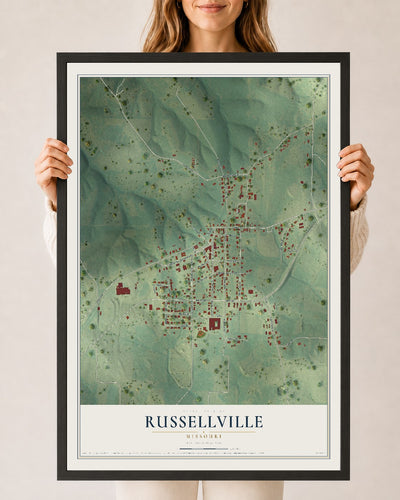 Map of Russellville, Missouri, 24 x 36 inch print in a black wood frame