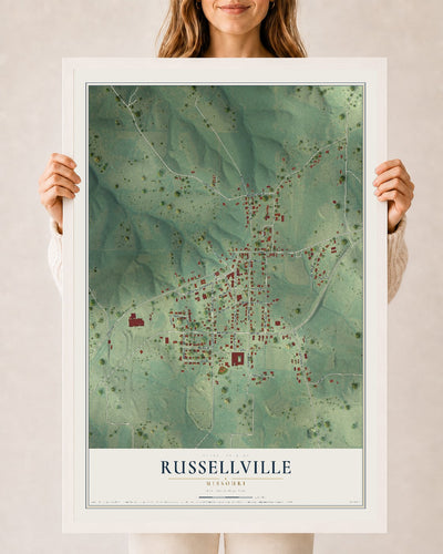Map of Russellville, Missouri, 24 x 36 inch print in a white wood frame