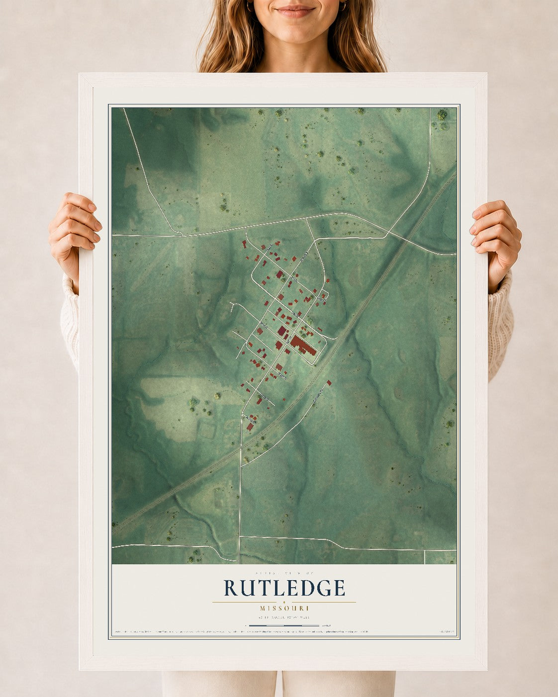 Map of Rutledge, Missouri, 24 x 36 inch print in a white wood frame