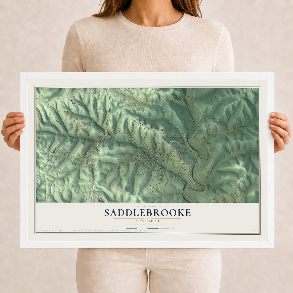 Map of Saddlebrooke, Missouri, 12 x 18 inch print in a white wood frame