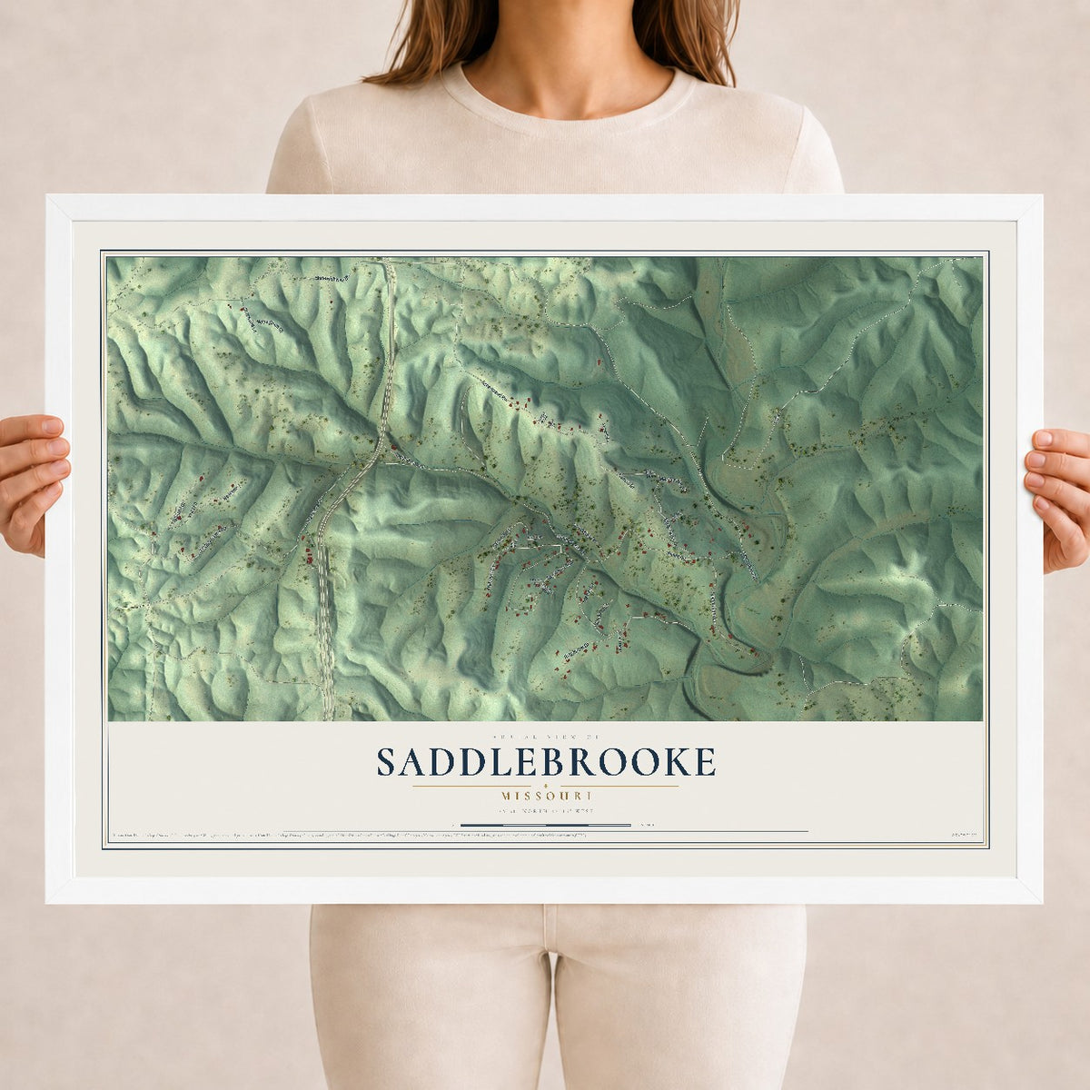 Map of Saddlebrooke, Missouri, 18 x 24 inch print in a white wood frame