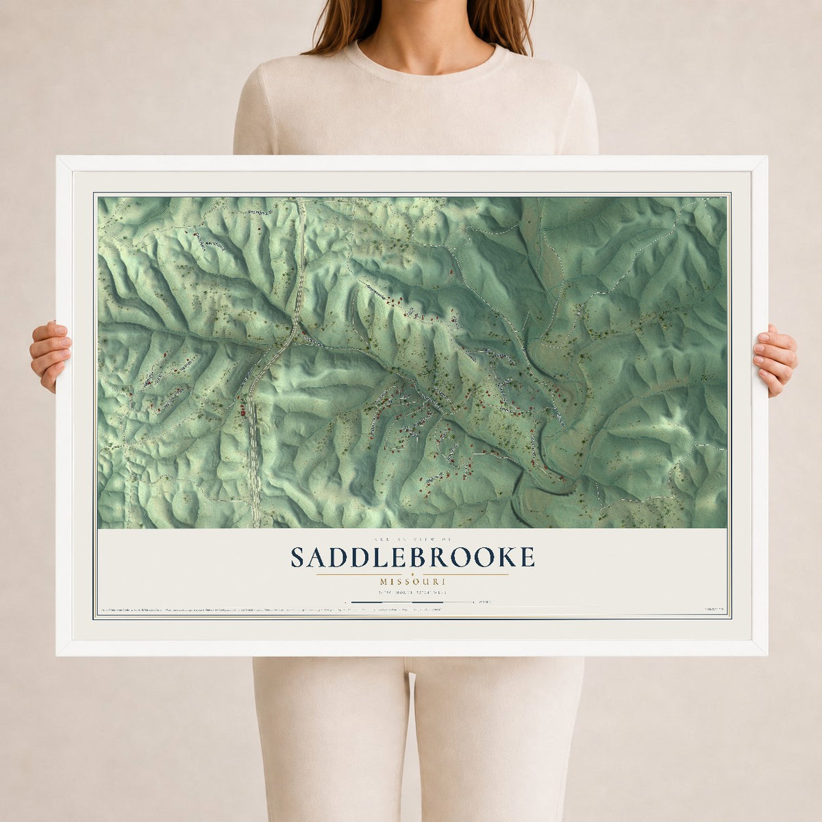 Map of Saddlebrooke, Missouri, 24 x 36 inch print in a white wood frame
