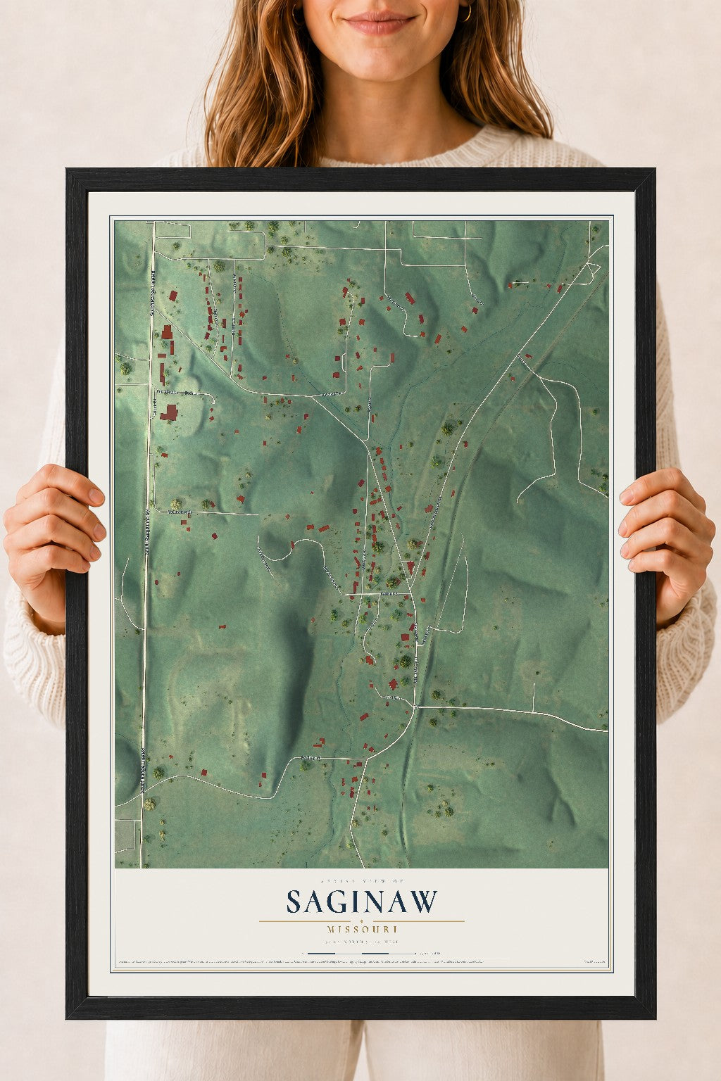 Map of Saginaw, Missouri, 18 x 24 inch print in a black wood frame