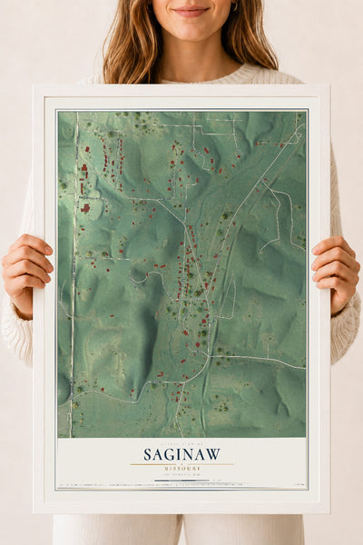 Map of Saginaw, Missouri, 18 x 24 inch print in a white wood frame
