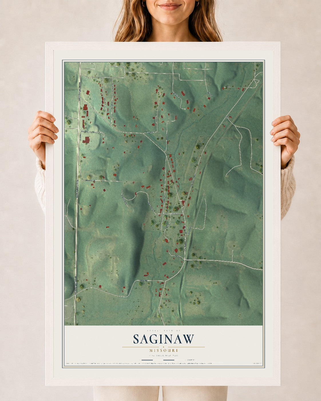 Map of Saginaw, Missouri, 24 x 36 inch print in a white wood frame