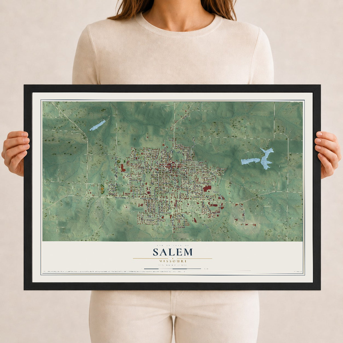 Map of Salem, Missouri, 12 x 18 inch print in a black wood frame