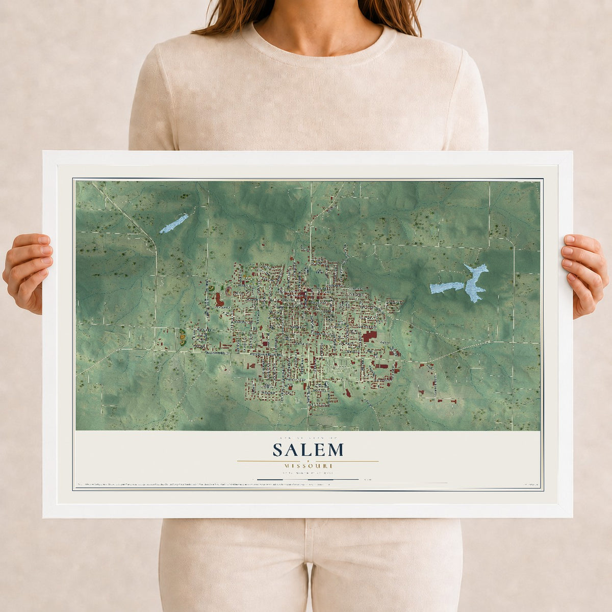Map of Salem, Missouri, 12 x 18 inch print in a white wood frame
