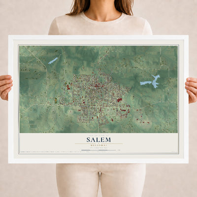 Map of Salem, Missouri, 18 x 24 inch print in a white wood frame