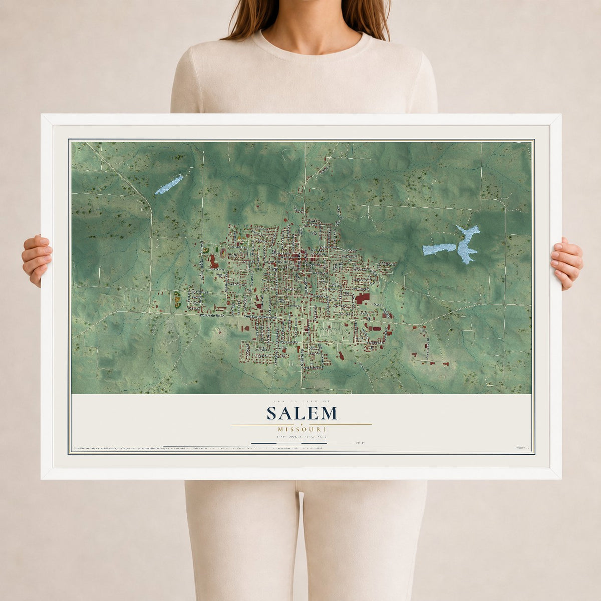 Map of Salem, Missouri, 24 x 36 inch print in a white wood frame