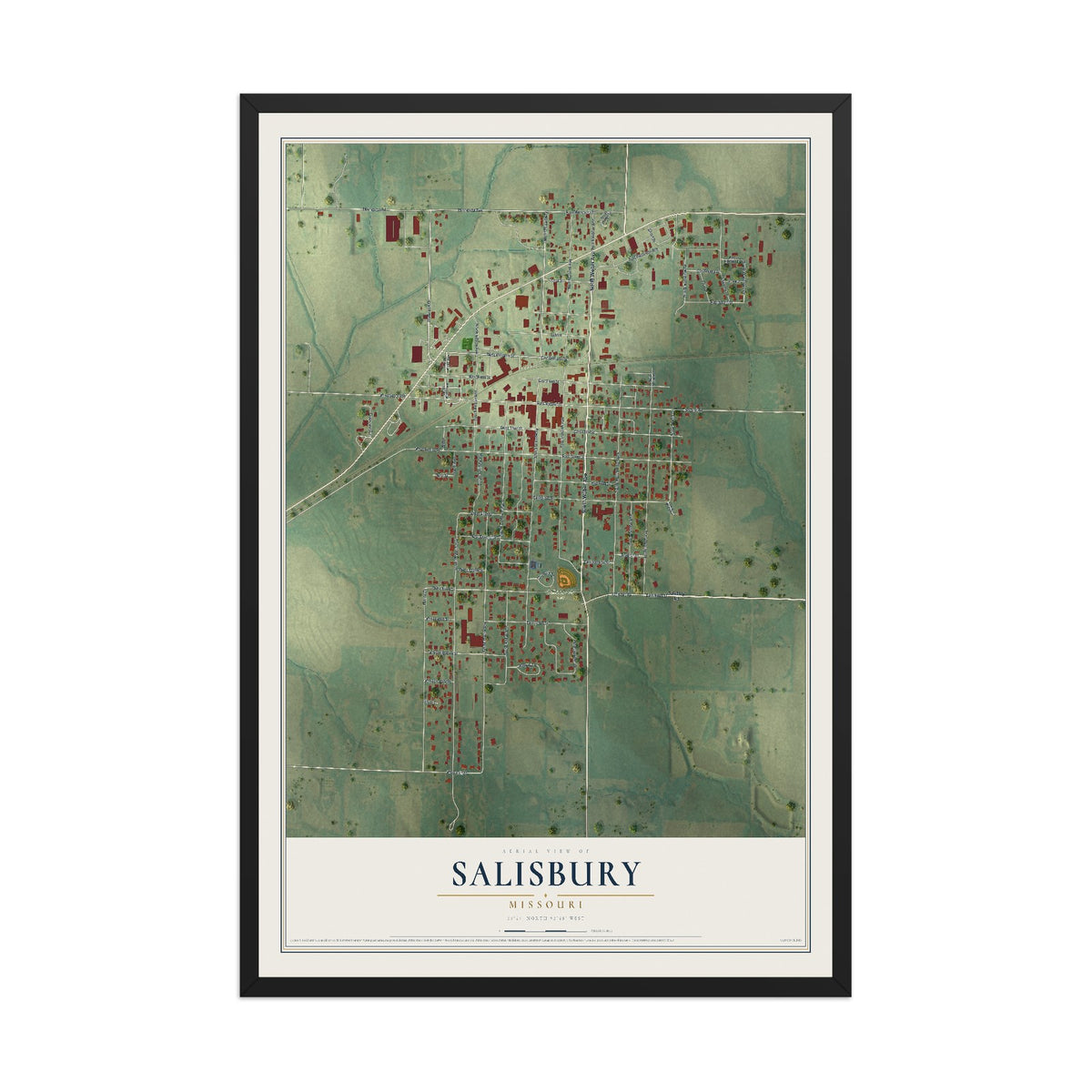 Map of Salisbury, Missouri, 12 x 18 inch print in a black wood frame