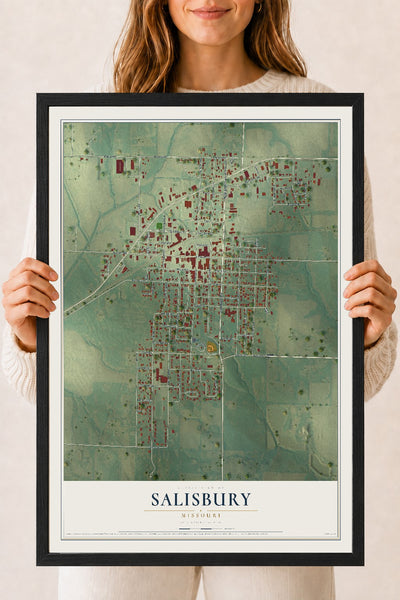 Map of Salisbury, Missouri, 18 x 24 inch print in a black wood frame