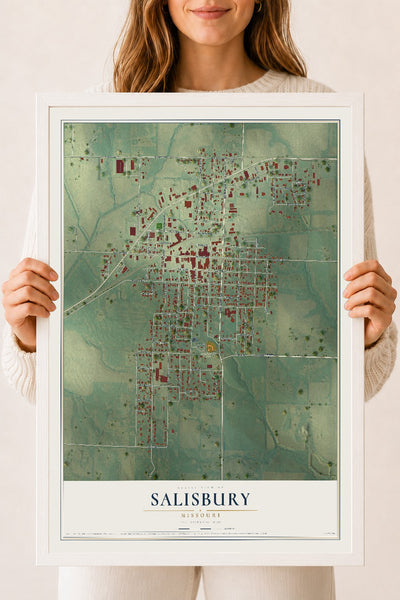 Map of Salisbury, Missouri, 18 x 24 inch print in a white wood frame