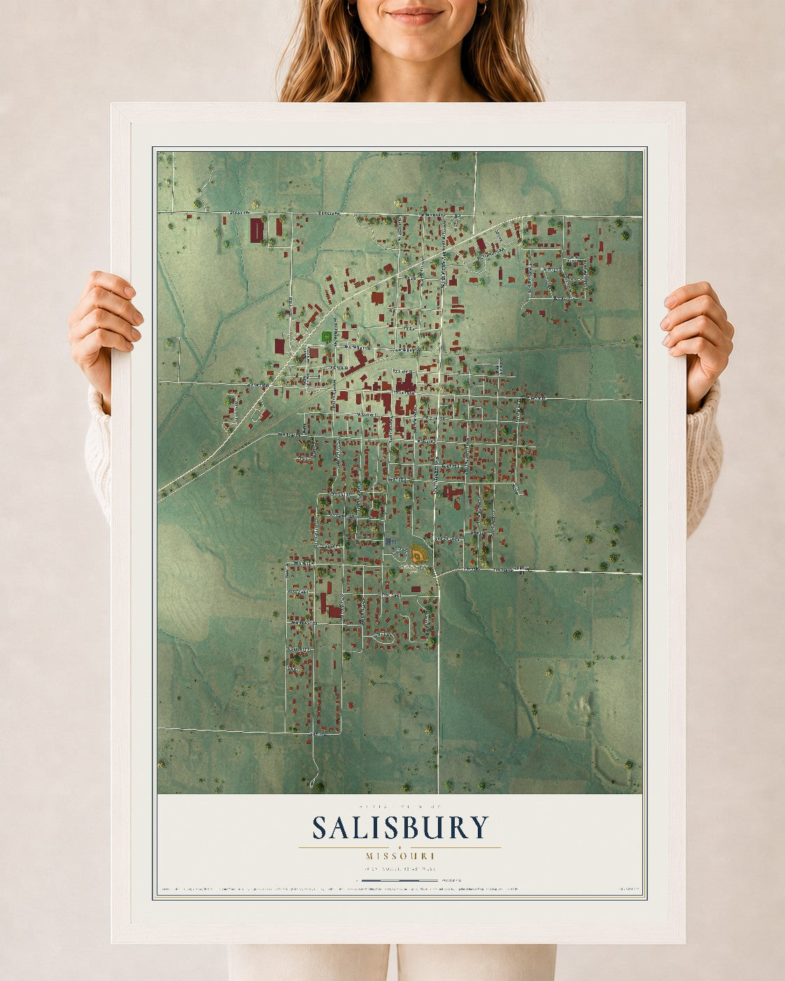 Map of Salisbury, Missouri, 24 x 36 inch print in a white wood frame