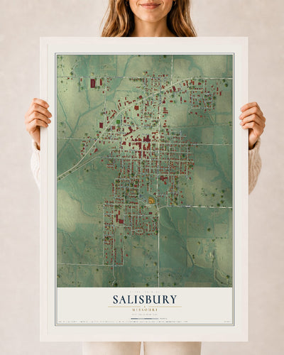 Map of Salisbury, Missouri, 24 x 36 inch print in a white wood frame
