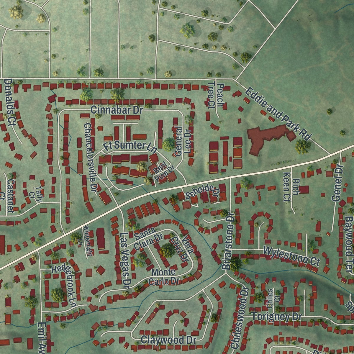 Second close-up of the map of Sappington, Missouri print showing more streets and buildings