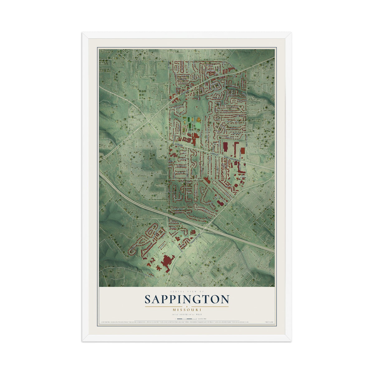 Map of Sappington, Missouri, 12 x 18 inch print in a white wood frame