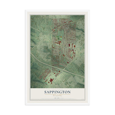 Map of Sappington, Missouri, 12 x 18 inch print in a white wood frame