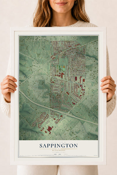 Map of Sappington, Missouri, 18 x 24 inch print in a white wood frame