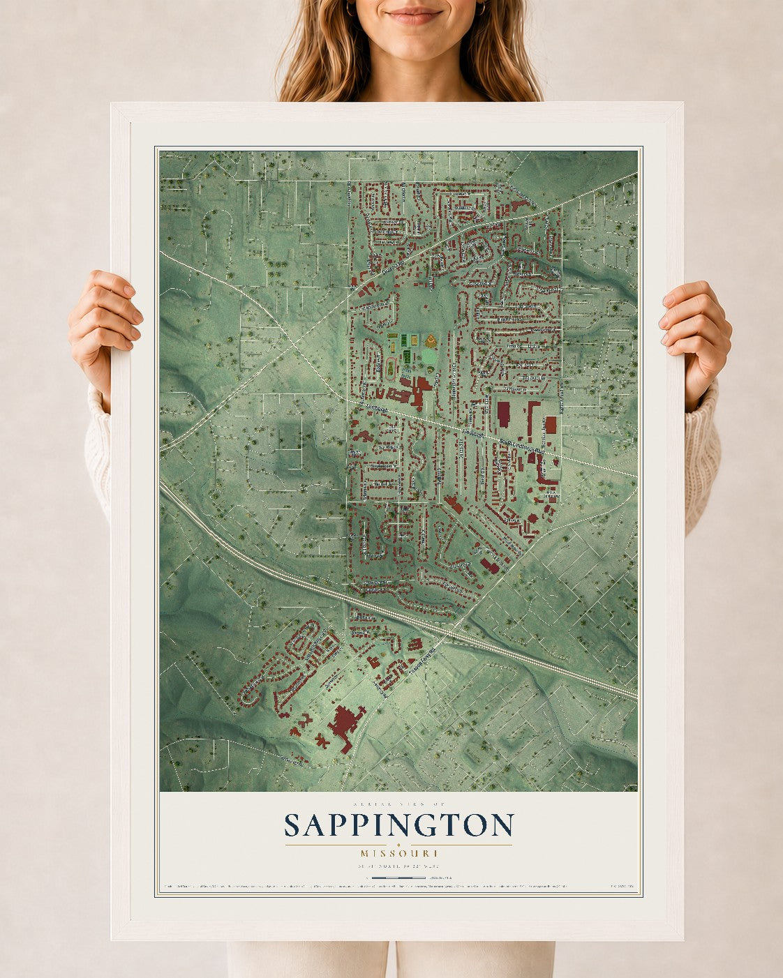 Map of Sappington, Missouri, 24 x 36 inch print in a white wood frame