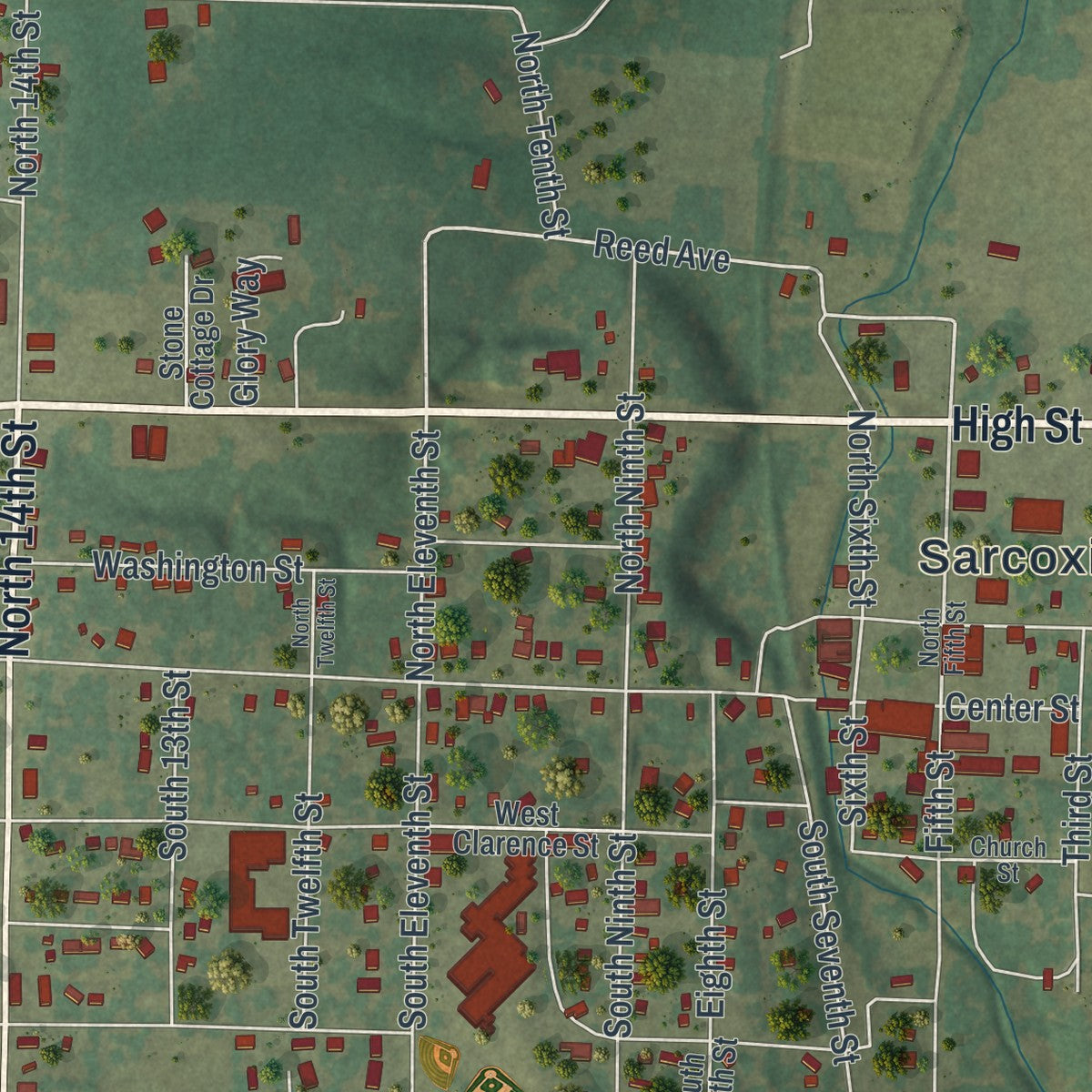 Close-up of the map of Sarcoxie, Missouri print showing street and building detail