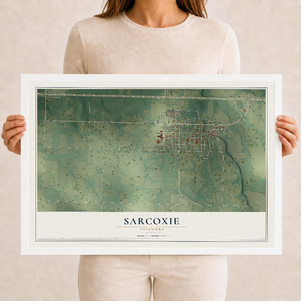 Map of Sarcoxie, Missouri, 12 x 18 inch print in a white wood frame