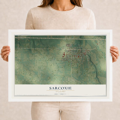 Map of Sarcoxie, Missouri, 12 x 18 inch print in a white wood frame