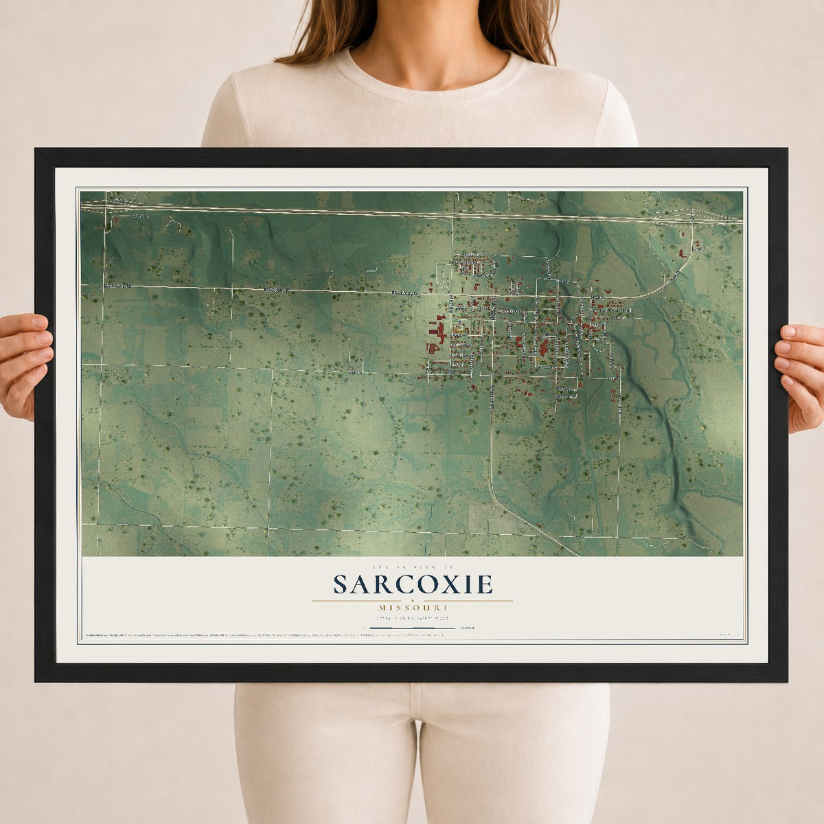 Map of Sarcoxie, Missouri, 18 x 24 inch print in a black wood frame
