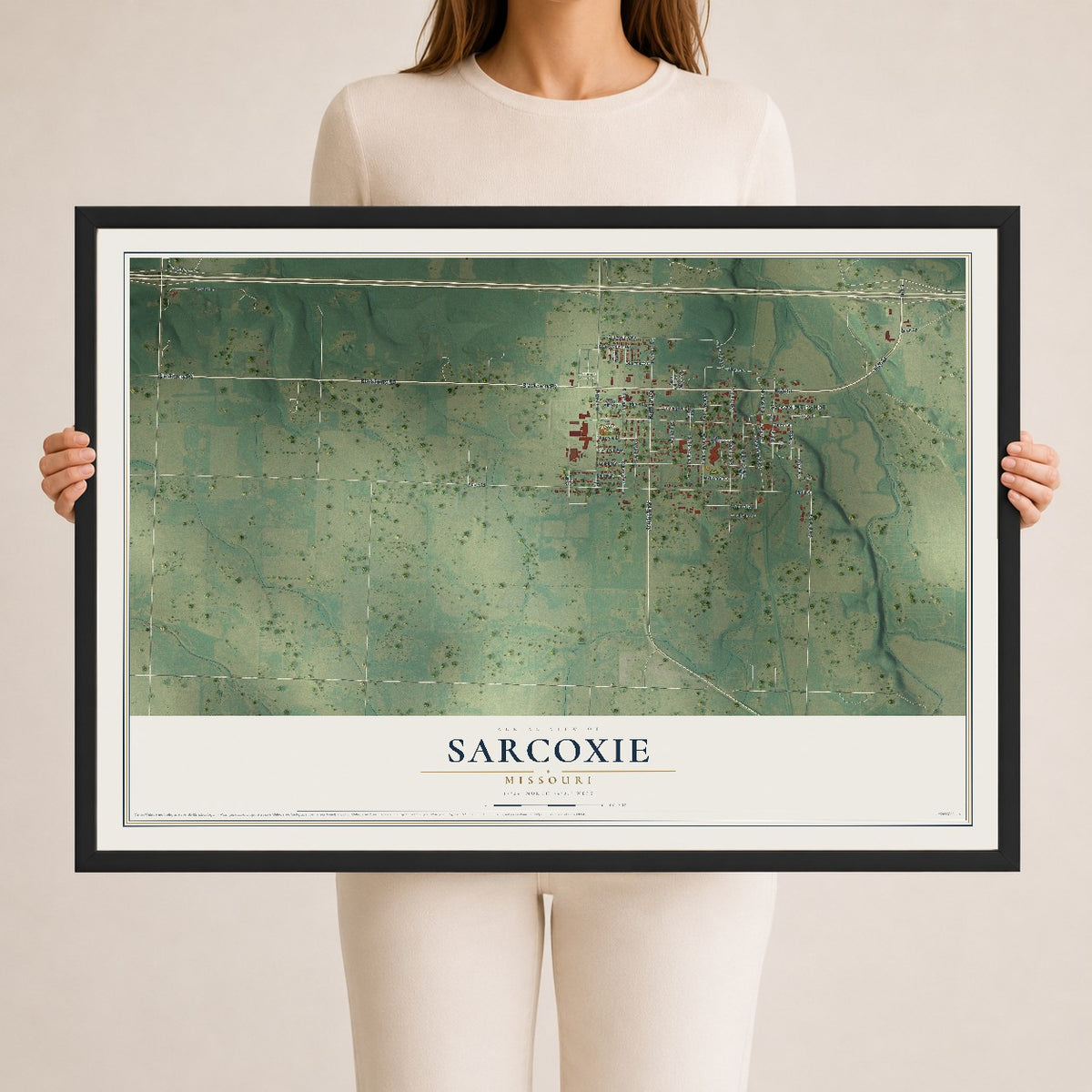 Map of Sarcoxie, Missouri, 24 x 36 inch print in a black wood frame