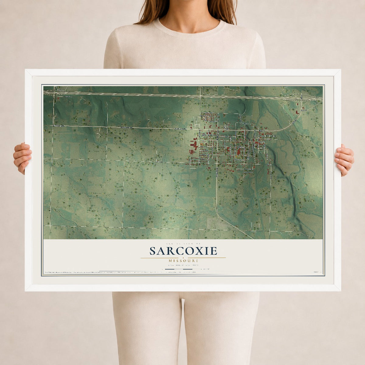 Map of Sarcoxie, Missouri, 24 x 36 inch print in a white wood frame