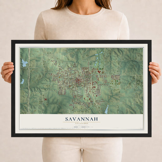 Map of Savannah, Missouri, 12 x 18 inch print in a black wood frame