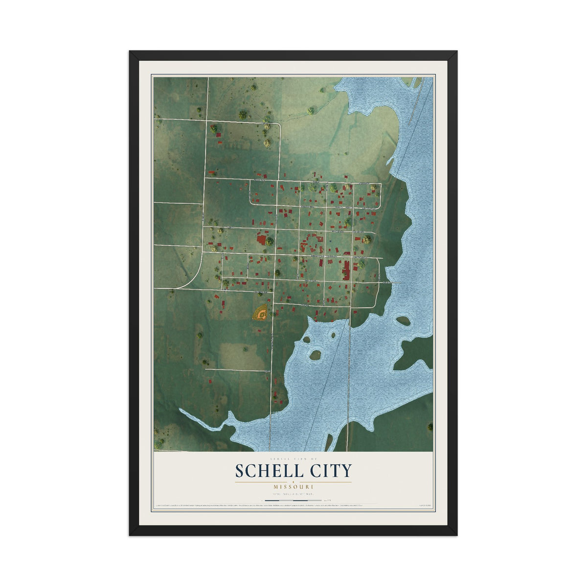 Map of Schell City, Missouri, 12 x 18 inch print in a black wood frame