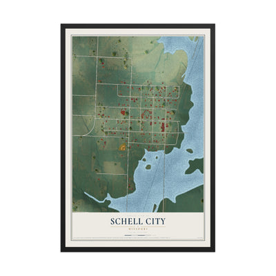 Map of Schell City, Missouri, 12 x 18 inch print in a black wood frame