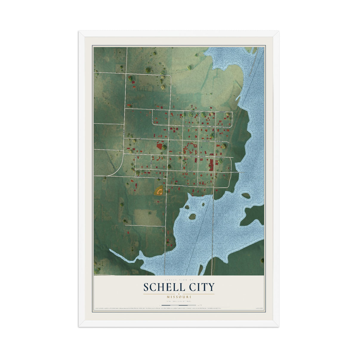Map of Schell City, Missouri, 12 x 18 inch print in a white wood frame