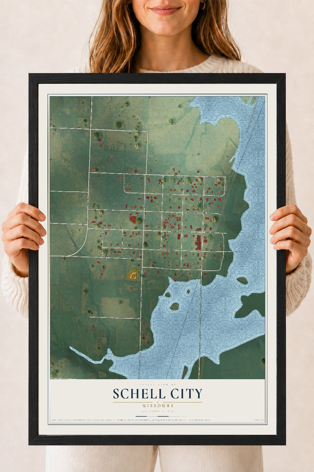 Map of Schell City, Missouri, 18 x 24 inch print in a black wood frame