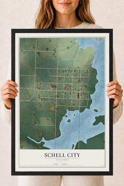 Map of Schell City, Missouri, 18 x 24 inch print in a black wood frame