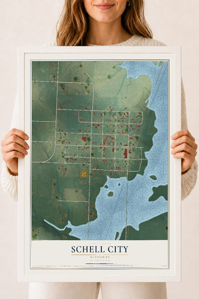 Map of Schell City, Missouri, 18 x 24 inch print in a white wood frame
