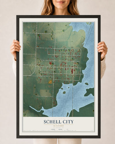 Map of Schell City, Missouri, 24 x 36 inch print in a black wood frame