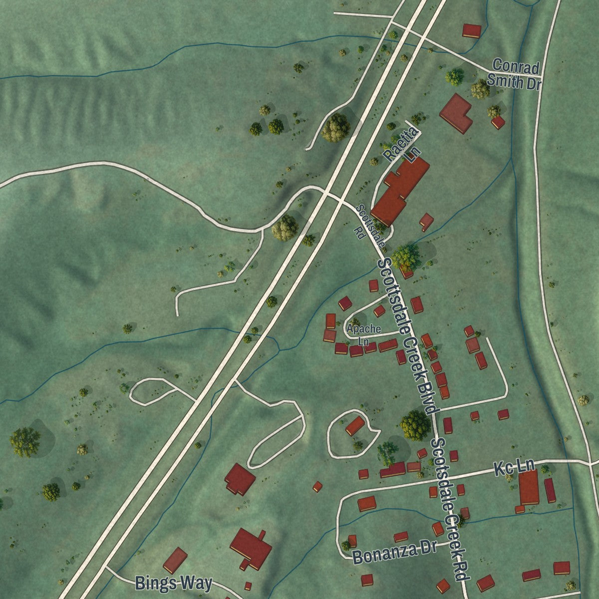 Close-up of the map of Scotsdale, Missouri print showing street and building detail