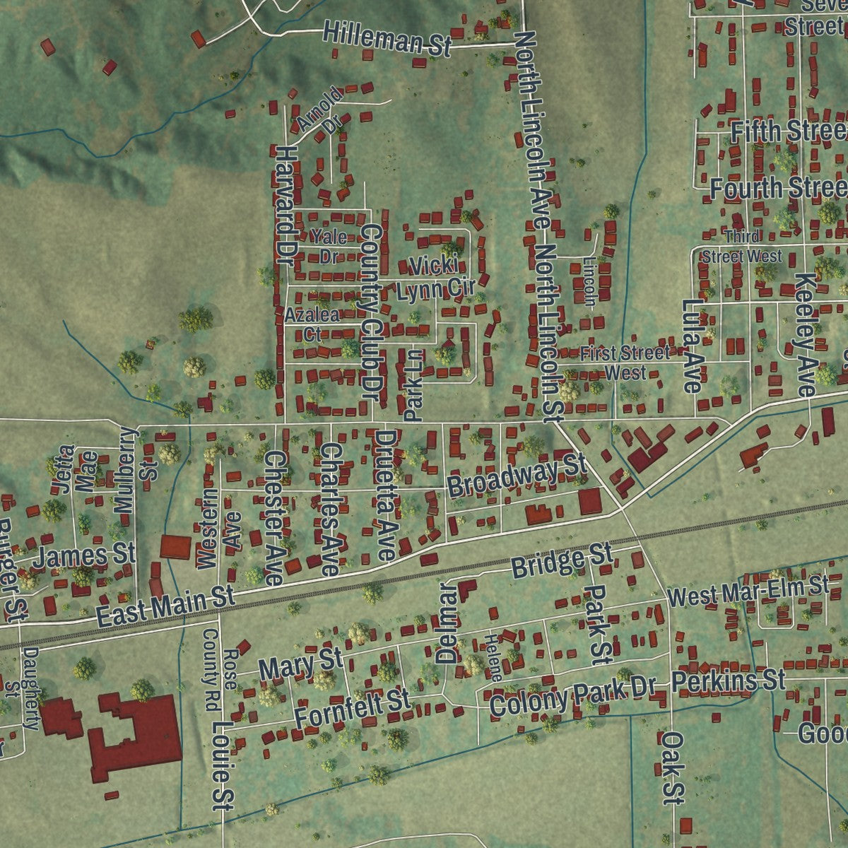 Close-up of the map of Scott City, Missouri print showing street and building detail