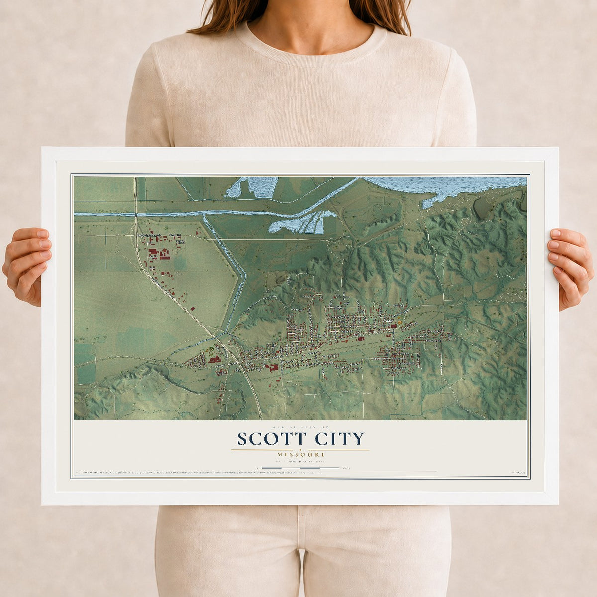 Map of Scott City, Missouri, 12 x 18 inch print in a white wood frame