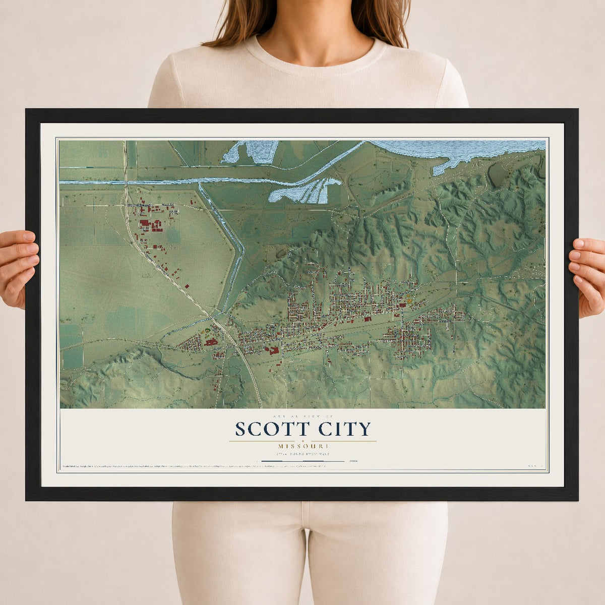 Map of Scott City, Missouri, 18 x 24 inch print in a black wood frame