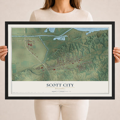 Map of Scott City, Missouri, 18 x 24 inch print in a black wood frame